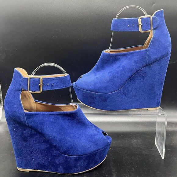 ANNA platform wedge heel womens 8 blue seude peep toe party going out colorful - Picture 1 of 7